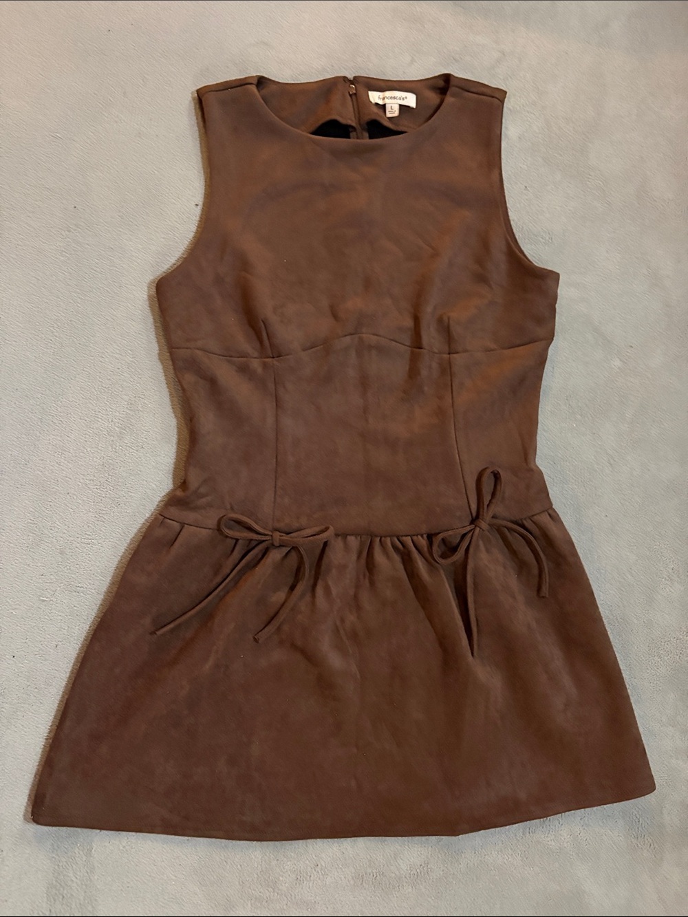 Francesca's Brown Suede-Look Sleeveless Mini Dress with Bows